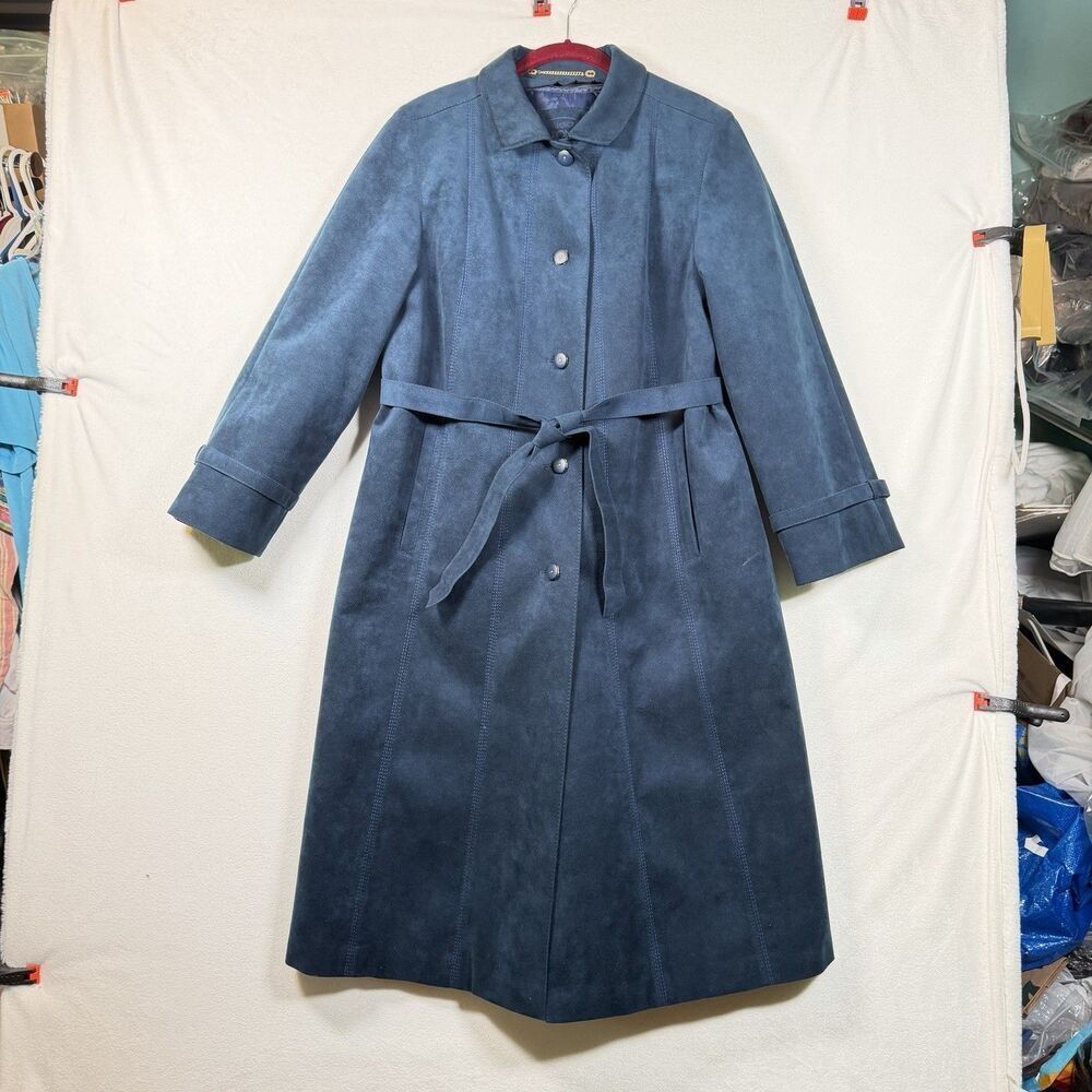Vintage Baronia Alcantara West Germany Coat Blue Faux Suede Belted Trench 10